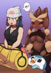  2023 ambiguous_gender anthro bag big_breasts black_sclera blue_eyes blue_hair bodysuit boingfarm bottomwear breasts clothed clothing dawn_(pokemon) duffel_bag eyelashes female fully_clothed generation_4_pokemon genitals group hair hat headgear headwear hi_res human long_ears lopunny mammal nintendo open_mouth open_smile pictographics piplup pokemon pokemon_(species) pussy red_eyes scarf short_hair skinsuit skirt smile speech_bubble standing tight_clothing torn_clothing trio under_boob 