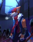  absurd_res anthro black_nose blood blue_clothing blue_ears blue_hair blue_topwear bodily_fluids canid cheek_tuft clothed clothing drooling ear_piercing ear_ring facial_tuft fur group hair hi_res holding_object holding_sword holding_weapon kuttoyaki male mammal melee_weapon multicolored_hair narrowed_eyes open_mouth orange_body orange_ears orange_fur piercing red_eyes red_scarf red_tongue ring_piercing saliva scarf solo_focus standing sword tongue topwear tuft two_tone_hair weapon white_body white_fur 