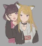  2girls ;d animal_ears black_choker black_jacket blonde_hair blue_eyes blunt_bangs brown_hair cat_ears choker closed_mouth cropped_torso drawstring grey_background hand_on_another&#039;s_face hand_on_another&#039;s_shoulder hood hood_down hoodie jacket kmnz long_hair long_sleeves looking_at_viewer mc_lita mc_liz multiple_girls nail_polish o-ring o-ring_choker one_eye_closed open_clothes open_jacket open_mouth pink_eyes pink_hoodie pink_nails shioda_(shioda_5) short_hair simple_background smile upper_body virtual_youtuber white_hoodie 