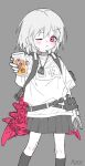  1girl artist_name backpack bag belt belt_pouch blush chinese_commentary closed_mouth collar commentary_request cross_hair_ornament cup dog_tags drinking_glass eyeball feet_out_of_frame grey_skirt hair_ornament hip_gear holding holding_cup incoming_drink kneehighs limited_palette looking_at_viewer lurenjia one_eye_closed original outstretched_arm pink_eyes pleated_skirt pouch print_shirt shirt short_hair simple_background skirt socks solo standing two-tone_gloves 