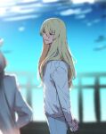  1boy 1girl animal_ears arms_behind_back blonde_hair blurry blurry_background caenis_(fate) cowboy_shot denim depth_of_field fate/grand_order fate_(series) fence from_behind from_side gloves grey_eyes hair_between_eyes highres horse_ears jacket jeans kirschtaria_wodime light_blush long_hair long_sleeves looking_at_another open_mouth own_hands_together pants ponytail sabamori shade smile standing sunlight water white_gloves white_hair white_jacket 