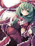  1girl arm_ribbon bow closed_mouth commentary dress frilled_ribbon frills front_ponytail green_eyes green_hair hair_bow hair_ribbon highres kagiyama_hina kasane_(cynthia) long_hair looking_at_viewer red_bow red_dress red_ribbon ribbon short_sleeves solo touhou 