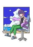  1girl 99akt1031 cardigan chair closed_mouth cloud collarbone day dot_(pokemon) full_body green_pants hair_over_eyes highres long_sleeves office_chair open_cardigan open_clothes pants pokemon pokemon_(anime) pokemon_horizons purple_cardigan shirt short_hair sitting sky sleeveless sleeveless_shirt sleeves_past_fingers sleeves_past_wrists slippers solo swivel_chair tank_top 