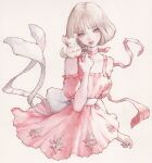  12yun30 1girl animal_on_shoulder back_bow bare_shoulders bow choker cropped_legs dress grey_eyes grey_hair highres looking_at_viewer original painting_(medium) pink_dress pink_ribbon ribbon ribbon_choker short_hair simple_background smile solo traditional_media watercolor_(medium) white_bow 