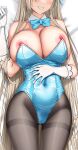  1girl absurdly_long_hair asahina_hikage asuna_(blue_archive) asuna_(bunny)_(blue_archive) bare_shoulders blue_archive blue_bow blue_bowtie blue_leotard blue_ribbon blush bow bowtie breasts brown_pantyhose dakimakura_(medium) detached_collar facing_viewer gloves grin hair_ribbon head_out_of_frame highres huge_breasts leotard leotard_pull light_brown_hair long_hair lying mole mole_on_breast nipples official_alternate_costume on_back pantyhose playboy_bunny ribbon smile solo strapless strapless_leotard thighband_pantyhose very_long_hair white_gloves 