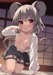  1girl :q absurdres animal_ears ass_visible_through_thighs black_skirt blush breasts grey_hair highres mouse_ears mouse_tail nazrin nipples open_clothes open_shirt petite red_eyes shirt skirt small_breasts solo tail tongue tongue_out touhou toutou_(soyarrow) white_shirt 