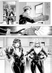  1girl 2boys absurdres black_cat_(marvel) black_cat_(marvel)_(cosplay) bodysuit breasts cirenk cleavage commission cosplay domino_mask felicia_hardy greyscale hands_on_own_hips highres indoors kitchen large_breasts lips long_hair looking_at_viewer marvel mary_jane_watson mask monochrome multiple_boys peter_parker ponytail refrigerator removing_mask spider-man spider-man_(series) standing window 
