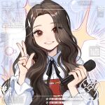  1girl 2022 animification black_ribbon blush brown_hair collared_shirt dress dvd_logo english_text highres holding holding_microphone k-pop kep1er long_hair looking_at_viewer meyou084 microphone neck_ribbon parted_lips portrait real_life red_dress ribbon shen_xiaoting shirt smile solo v watermark white_shirt 