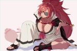  1girl absurdres arere_r baiken big_hair black_jacket black_kimono breasts cleavage eyepatch facial_tattoo guilty_gear guilty_gear_strive highres holding holding_smoking_pipe jacket jacket_on_shoulders japanese_clothes kataginu kimono large_breasts long_hair multicolored_clothes multicolored_kimono one-eyed open_clothes open_kimono pink_hair ponytail red_eyes samurai sandals scar scar_across_eye scar_on_face smoking_pipe tattoo white_kimono 