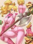  1girl ass blonde_hair blue_eyes bodysuit bowser breasts covered_nipples crown dress earrings elbow_gloves english_commentary facial_hair gloves hair_between_eyes hat highres holding holding_polearm holding_weapon jammeryx jewelry long_hair mario mario_(series) medium_breasts multiple_views mustache nipples patreon_logo patreon_username peaked_cap pink_bodysuit pink_dress pink_gloves polearm ponytail princess_peach red_headwear signature simple_background skin_tight sphere_earrings the_super_mario_bros._movie twitter twitter_logo weapon 