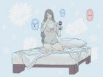  1boy 1girl absurdres alcohol blue_eyes blush clive_rosfield couple covering_mouth drink english_text final_fantasy final_fantasy_xvi flower grey_hair grey_shirt highres jill_warrick no_pants on_bed panties presenting shirt solo underwear voaleine white_background white_panties wine 