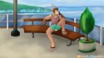  16:9 anthro antlers bench bottomwear clothing day deer digital_media_(artwork) feet flip_flops footwear gearfox98 green_eyes hair hector_(gearfox98) hi_res horn light male mammal plant plantigrade sandals sea seaside shirt shorts sitting solo sunlight tank_top topwear water widescreen 