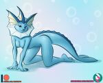 2023 5_fingers all_fours anthro blue_body blue_skin breasts bubble claws digital_drawing_(artwork) digital_media_(artwork) dorsal_fin dripping ear_fins eeveelution eyebrows feet female fin fingers frill_(anatomy) generation_1_pokemon grey_nose handpaw head_fin humanoid_feet long_tail looking_at_viewer neck_frill nicnak044 nintendo nipples nude paws pinup plantigrade pokemon pokemon_(species) pose purple_eyes signature simple_background smile smiling_at_viewer solo tail tail_fin text url vaporeon watermark wet 