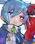  1boy blue_eyes blue_hair blue_jacket bug doradorakingyo heterochromia jacket ladybug long_sleeves looking_at_animal male_focus open_mouth puyopuyo puyopuyo_fever red_eyes short_hair sig_(puyopuyo) solo twitter_username white_background 