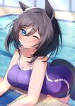  1girl absurdres animal_ears black_hair blue_eyes blue_one-piece_swimsuit blurry blurry_background breasts closed_mouth commentary_request competition_school_swimsuit competition_swimsuit ear_scrunchie eishin_flash_(umamusume) highres horse_ears horse_girl horse_tail large_breasts looking_at_viewer one-piece_swimsuit one_eye_closed pool poolside school_swimsuit short_hair shumai_il smile solo swimsuit tail tail_through_clothes tracen_swimsuit umamusume water 
