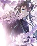  1boy aqua_hair belt black_hair blue_eyes blurry branch cherry_blossoms closed_mouth dappled_sunlight day demon_slayer_uniform depth_of_field fingernails floating_hair from_side green_hair hana_ni_nare hand_up highres kimetsu_no_yaiba light_smile long_hair long_sleeves looking_at_viewer looking_to_the_side male_focus multicolored_hair nature signature solo streaked_hair sunlight tokitou_muichirou upper_body wide_sleeves 