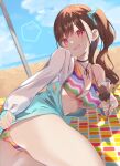  1girl beach bikini black_choker breasts brown_hair choker fingernails highres hiiragiragnarok ice_cream_cone idolmaster idolmaster_shiny_colors looking_at_viewer lying mat medium_breasts multicolored_bikini multicolored_clothes nail_polish on_side red_eyes side_ponytail smile solo sonoda_chiyoko striped striped_bikini sweatdrop swimsuit 