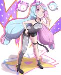  1girl absurdres bare_arms bike_shorts boots breasts commentary_request full_body green_hair grey_footwear grey_pantyhose grey_shirt grin hand_on_own_hip hand_up highres index_finger_raised iono_(pokemon) knees leaning_forward long_hair multicolored_hair pantyhose pokemon pokemon_(game) pokemon_sv purple_eyes purple_hair rono_(lethys) shirt single_leg_pantyhose sleeveless sleeveless_shirt smile solo teeth thigh_strap twintails two-tone_hair 
