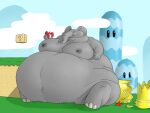 2023 anthro belly big_belly big_breasts breasts broken cloud elephant elephant_powerup elephantid eyelashes eyes_closed female gandere grass hill holding_object humanoid_hands immobile mammal mario_bros morbidly_obese morbidly_obese_anthro morbidly_obese_female mouth_closed navel nintendo nipples nude obese obese_anthro obese_female outside overweight overweight_anthro overweight_female pipe plant proboscidean question_block sitting smile solo super_mario_bros_wonder warp_pipe 