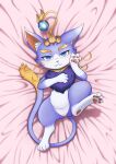  absurd_res bed blue_body blue_eyes blue_fur domestic_cat felid feline felis female feral fur furniture hi_res kalu_(pixiv) league_of_legends looking_at_viewer lying mammal on_back on_bed pawpads quadruped riot_games solo white_body white_fur yuumi_(lol) 