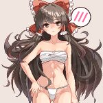  1girl arm_at_side ass_visible_through_thighs bare_shoulders blush bow breasts brown_eyes brown_hair chest_sarashi closed_mouth collarbone commentary_request cowboy_shot eaglov frilled_bow frilled_hair_tubes frills grey_background hair_bow hair_tubes hakurei_reimu hand_on_own_hip highres long_hair looking_at_viewer midriff navel panties pixel_art red_bow sarashi simple_background small_breasts solo speech_bubble spoken_blush stomach touhou underwear very_long_hair white_panties 