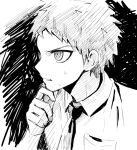  1boy breast_pocket clenched_teeth collared_shirt danganronpa_(series) danganronpa_2:_goodbye_despair erigushi from_side greyscale hand_on_own_chin hand_up hinata_hajime male_focus monochrome multicolored_background necktie pocket pointy_nose shirt short_hair solo sweat teeth 