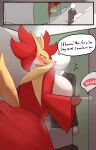  absurd_res anthro biped blush breasts delphox dialogue duo english_text female fur generation_6_pokemon hi_res male nintendo nojaaaaaaaarori pokemon pokemon_(species) red_body red_fur speech_bubble text white_body white_fur yellow_body yellow_fur 