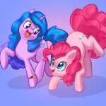  absurd_res action_pose blue_eyes blue_hair bracelet cutie_mark duo earth_pony equid equine female feral friendship_is_magic fur hair hasbro hexecat hi_res horn horse izzy_moonbow_(mlp) jewelry mammal mlp_g5 my_little_pony open_mouth open_smile pink_body pink_fur pink_hair pinkie_pie_(mlp) pony pose purple_body purple_eyes purple_fur simple_background smile unicorn 