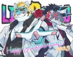  anthro aoi_tachi0 blonde_hair blue_body blue_fur bouquet dragon duo felid fur giansar grey_body hair horn kemono lifewonders live_a_hero looking_at_viewer male mammal muscular muscular_anthro muscular_male one_eye_closed pantherine pawpads striped_body striped_fur stripes tiger white_hair wink winking_at_viewer 