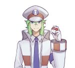  1boy blue_necktie closed_mouth coat collared_shirt commentary cosplay dress_shirt emmet_(pokemon) emmet_(pokemon)_(cosplay) gloves green_eyes hair_between_eyes hat high_collar highres holding holding_poke_ball long_sleeves looking_at_viewer male_focus n_(pokemon) necktie peaked_cap poke_ball poke_ball_(basic) pokemon pokemon_(game) pokemon_bw shirt simple_background smile solo submashell trench_coat upper_body white_background white_coat white_gloves white_headwear white_shirt 