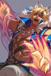  1boy abs animal_ears blonde_hair blue_headband blue_vest clenched_hand cross_scar fighting_stance headband highres imone_illust large_pectorals league_of_legends male_focus muscular muscular_male navel official_alternate_costume open_clothes open_mouth pants pectorals scar scar_on_chest scar_on_face scar_on_nose sett_(league_of_legends) short_hair solo soul_fighter_sett vest white_pants 