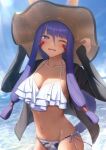  1girl alternate_costume animal_ears bikini blush breasts dark-skinned_female dark_skin day facepaint facial_mark fate/grand_order fate_(series) frilled_bikini frills hat jackal_ears jacket long_braid long_hair long_sleeves looking_at_viewer low-tied_long_hair medium_breasts navel nitocris_(fate) ocean one_eye_closed particle_sfs purple_hair side-tie_bikini_bottom smile solo sun_hat swimsuit wide_brim 