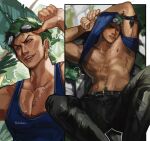  1boy abs armpit_hair armpit_peek bara bare_pectorals black_pants blue_tank_top charluiu clothes_lift collage goggles goggles_on_head green_hair highres inset_border lifted_by_self looking_at_viewer male_focus muscular muscular_male naughty_face navel navel_hair nipples official_alternate_costume one_piece outside_border pants pectorals roronoa_zoro scar shirt_lift short_hair sideburns_stubble smile smirk spread_legs stitches stomach tank_top toned toned_male undressing 