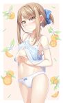  1girl bare_shoulders blush bow bra breasts brown_eyes brown_hair collarbone folded_ponytail food fruit hair_bow highres ina_(inadahime) navel panties simple_background spaghetti_strap standing strap_slip underwear white_panties 