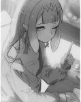  1girl camisole choker flat_chest greyscale highres holding holding_stylus hololive hololive_english housou-kun light long_sleeves monochrome ninomae_ina&#039;nis one_eye_closed pointy_ears puffy_long_sleeves puffy_sleeves smile smol_ame smol_calli smol_gura smol_ina solo stylus table tentacle_hair upper_body virtual_youtuber 