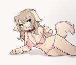  anthro bikini breasts brown_hair canid canine canis chest_tuft claws cleavage clothed clothing collar crayon_(artist) domestic_dog female fur green_eyes hair hi_res kemono long_hair looking_at_viewer lying mammal navel on_side pink_bikini pink_clothing pink_swimwear simple_background smile solo swimwear tan_body tan_fur tuft white_background 