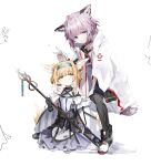 2girls animal_ear_fluff arknights blonde_hair blue_eyes cross hair_rings hairband highres holding holding_staff infection_monitor_(arknights) kneeling multiple_girls oripathy_lesion_(arknights) red_cross shoes sikinose_val staff sussurro_(arknights) suzuran_(arknights) v yellow_eyes 