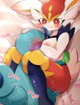  anthro areola blue_body blush breasts butt cinderace drizzile duo female generation_8_pokemon hi_res japanese_text male male/female nintendo nipples pokemon pokemon_(species) prrrrrrmine red_body red_eyes text white_body 