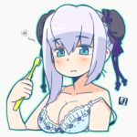  1girl blue_hair bra breasts bun_cover cleavage collarbone cropped_torso green_outline holding holding_toothbrush looking_at_viewer mawaru_(mawaru) medium_hair original outline simple_background solo toothbrush underwear upper_body white_background white_bra 