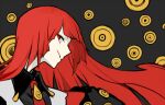  1girl big_bird_(lobotomy_corporation) black_background black_shirt closed_mouth collared_shirt e.g.o_(project_moon) employee_(lobotomy_corporation) lobotomy_corporation long_hair looking_at_viewer necktie nishikujic portrait project_moon red_eyes red_hair red_necktie shirt simple_background smile solo very_long_hair vest white_vest 