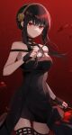  1girl absurdres bare_shoulders black_background black_dress black_gloves black_hair blood blood_drop breasts brown_rose closed_mouth collarbone dagger dress earrings fingerless_gloves fingernails flower gloves gold_earrings gold_hairband gradient_background hair_between_eyes hairband hand_up highres holding holding_weapon jewelry knife komugiko_(0kmgk) large_breasts looking_at_viewer nail_polish red_background red_eyes red_nails rose short_hair short_hair_with_long_locks sidelocks simple_background sleeveless sleeveless_dress solo sparkle spy_x_family standing stiletto_(weapon) weapon yor_briar 