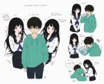  1boy 1girl :d artist_logo black_hair black_pants black_skirt blush bottle breasts brown_hair chitanda_eru drinking green_eyes green_hoodie happy heart highres holding holding_bottle hood hood_down hoodie hyouka kamiyama_high_school_uniform_(hyouka) long_hair mery_(yangmalgage) neckerchief open_mouth oreki_houtarou pants pleated_skirt purple_eyes purple_neckerchief school_uniform serafuku short_hair skirt smile sparkle translation_request water water_bottle 