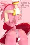  accessory amy_rose anthro arrow_sign bodily_fluids bracelet butt clothing dialogue dress eulipotyphlan female gloves hair_accessory hairband handwear hedgehog hi_res jewelry lawgx looking_away mammal panties sega solo sonic_the_hedgehog_(series) stretching sweat sweaty_butt underwear 