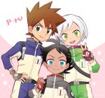  3boys :d belt belt_buckle black_hair blue_eyes blush brown_hair buckle clenched_hand closed_mouth commentary_request fingerless_gloves gary_oak gloves goh_(pokemon) green_eyes hand_up highres horace_(pokemon) jacket looking_at_viewer male_focus multiple_boys open_mouth pants pokemon pokemon_(anime) pokemon_journeys pokesumomo purple_gloves red_gloves short_hair smile spiked_hair star_(symbol) teeth tongue upper_teeth_only v 