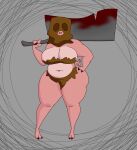  alternate_species anthro bag_over_head big_breasts blood blood_on_weapon bodily_fluids breasts chhiccennuggett cleavage cleaver_(weapon) clothed clothing dark_souls domestic_pig female fromsoftware grey_background hand_on_hip hi_res holding_cleaver holding_object holding_weapon huge_breasts looking_at_viewer mammal maneater_mildred melee_weapon navel overweight overweight_female pink_nody ragged_clothing simple_background solo suid suina sus_(pig) thick_thighs weapon weapon_on_shoulder wide_hips 