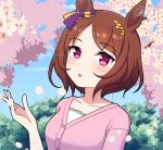  1girl :o animal_ears blue_sky blush branch breasts brown_hair cherry_blossoms cloud collarbone commentary_request day flower flower-shaped_pupils hand_up highres horse_ears jacket medium_breasts outdoors parted_bangs parted_lips petals pink_jacket purple_eyes sakura_laurel_(umamusume) shirt sky solo symbol-shaped_pupils takiki umamusume upper_body viewfinder white_flower white_shirt 