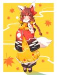  1girl ahoge animal_ears apron autumn_leaves blush border bow braid breasts brown_eyes brown_hair chinese_knot cloud_print frilled_apron frills full_body hair_bow highres japanese_clothes kimono leaf_print long_hair long_sleeves looking_at_viewer medium_breasts moon_print okobo original outside_border own_hands_together platform_footwear pom_pom_(clothes) print_apron print_kimono red_bow red_kimono scarf socks solo standing tabi tail tassel toconikky twin_braids white_border white_scarf white_socks wide_sleeves yellow_apron yellow_background 