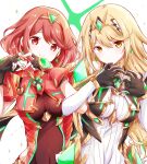  2girls armor black_gloves blonde_hair blush breasts chest_jewel closed_mouth commentary_request core_crystal_(xenoblade) covered_navel dress earrings fingerless_gloves gloves heart heart_hands highres jewelry locked_arms long_hair long_sleeves looking_at_viewer medium_breasts multiple_girls mythra_(xenoblade) pauldrons pyra_(xenoblade) red_dress red_hair short_hair short_sleeves shoulder_armor smile swept_bangs tiara ui_frara white_dress xenoblade_chronicles_(series) xenoblade_chronicles_2 
