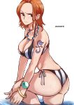  1girl aosora2823 ass bead_necklace beads bikini breasts brown_eyes closed_mouth forehead gold_bracelet highres jewelry large_breasts log_pose nami_(one_piece) necklace one_piece orange_hair short_hair shoulder_tattoo solo striped striped_bikini swimsuit tattoo twisted_torso v-shaped_eyebrows wading water 
