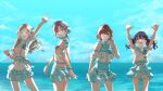  4girls arm_up armpits arms_up asakura_toru black_hair blue_skirt blue_sky brown_hair commentary_request fangs fukumaru_koito gradient_hair hair_bun hair_ornament hairclip higuchi_madoka ichikawa_hinana idolmaster idolmaster_shiny_colors layered_skirt long_hair looking_at_viewer miniskirt multicolored_hair multiple_girls noctchill_(idolmaster) ocean open_mouth purple_eyes short_hair single_hair_bun single_side_bun skin_fangs skirt sky twintails ueda_yumehito waving 